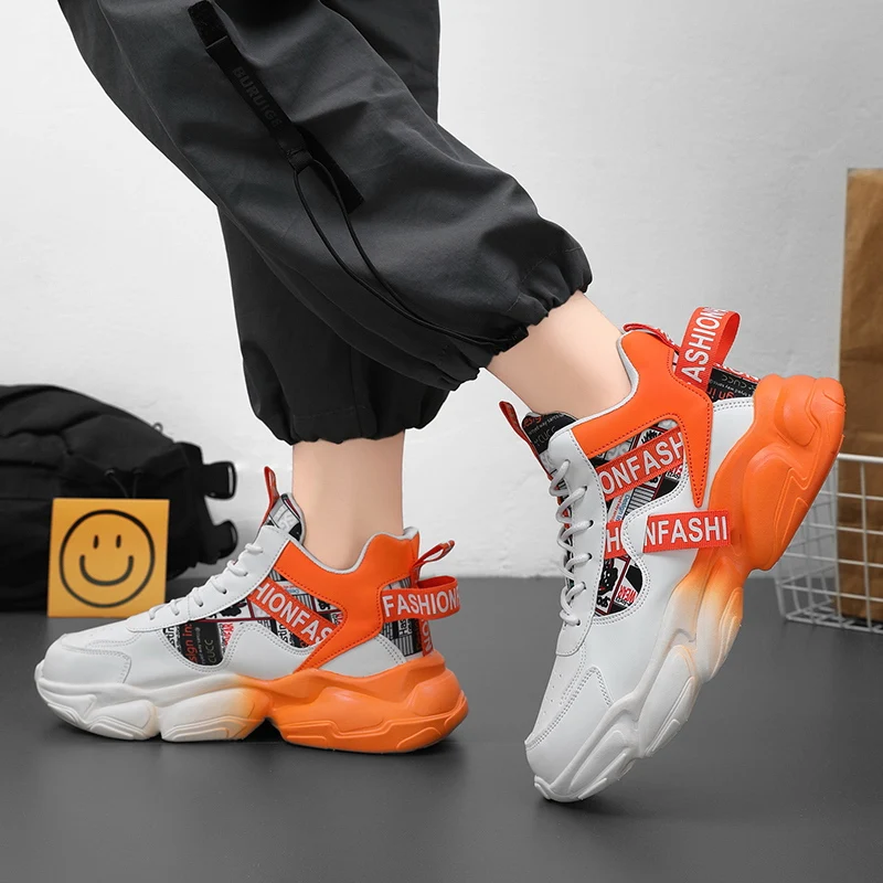 Hkdq Oranje Hoge Sneakers Heren Straat Outdoor Platform Designerschoenen Mode Casual Leren Veterschoenen Voor Heren