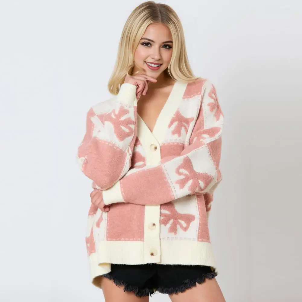 Breathable Sweater Coat Stylish Women's V-neck Sweater Coat with Plaid Print Bowknot Detail Long Sleeve Color Block for Women