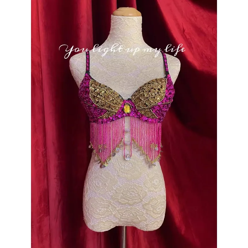 맞춤형 마지막 주문 결함 밸리 댄스 탑 여성 브래지어 술 스팽글 반짝 이는 나비 패턴 브래지어 속옷