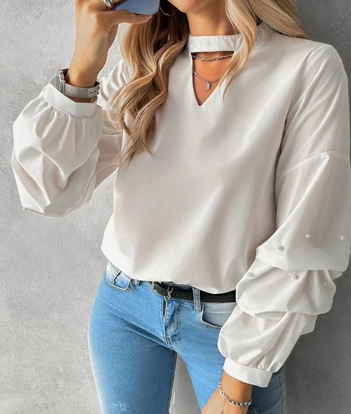 2024 Bluse für Frauen Vintage Langarm Satin Bluse Schlüssel loch Hals Perlen geraffte Top weibliche lose Tops Büro Damen