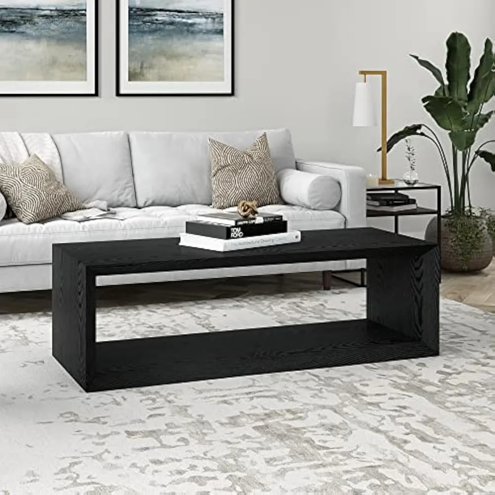 58" Wide Rectangular Coffee Table in Black Grain, for Home, Living Room, Bedroom