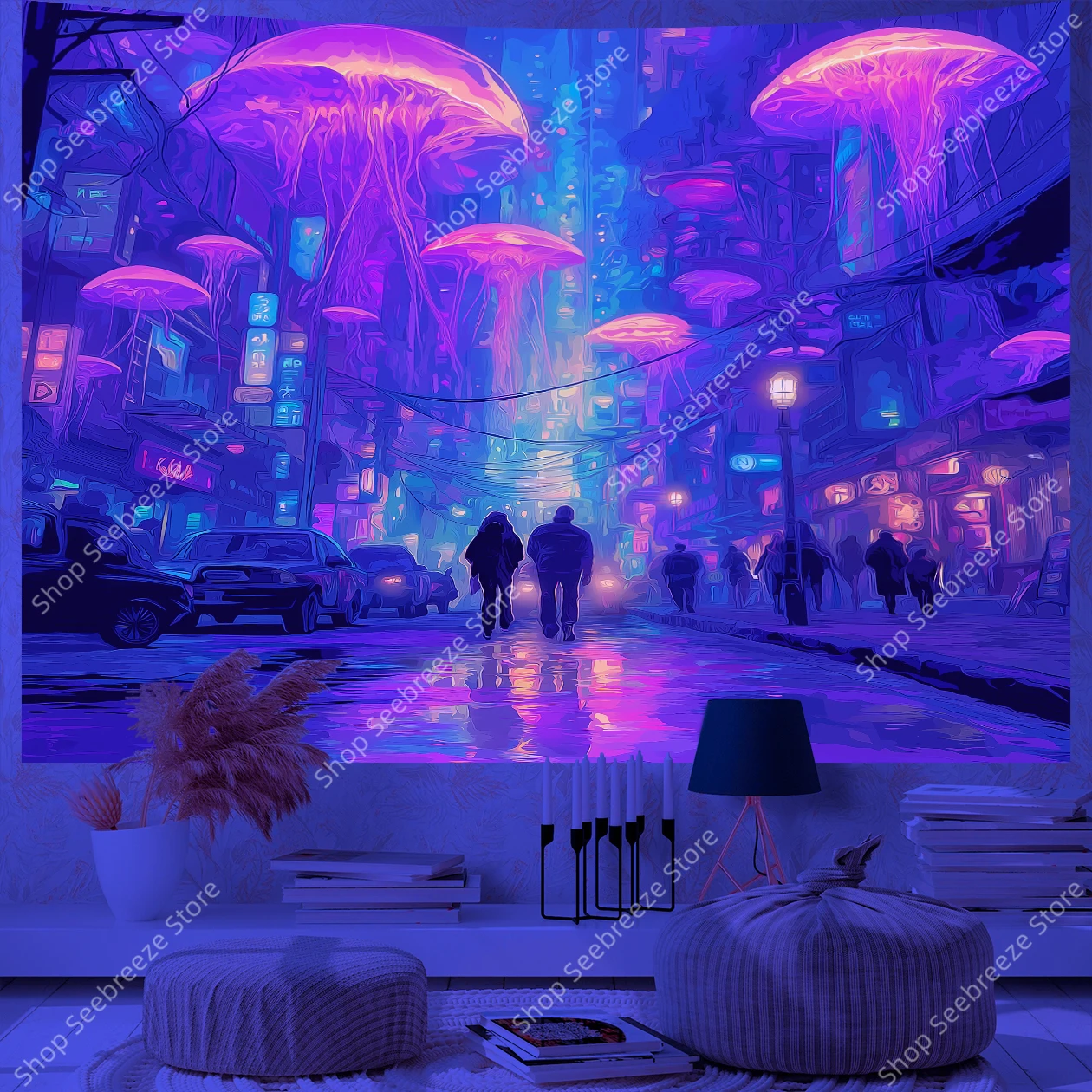 Glowing Jellyfish Rainy Street UV Tapestry Magical Cityscape Wall Hanging for Bedroom Office Decor and Aesthetic Room Wall Art