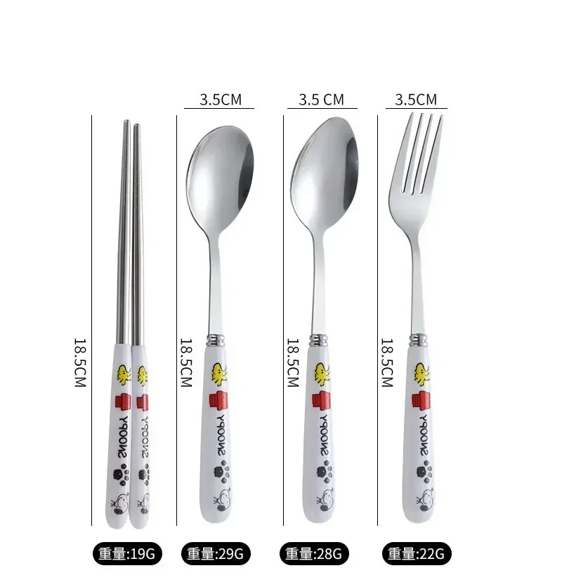 Kawaii Snoopy Baby Tableware Children\'s Toddler Kids Meal Stainless Steel Spoon Fork Chopsticks Student Portable Tableware Gifts