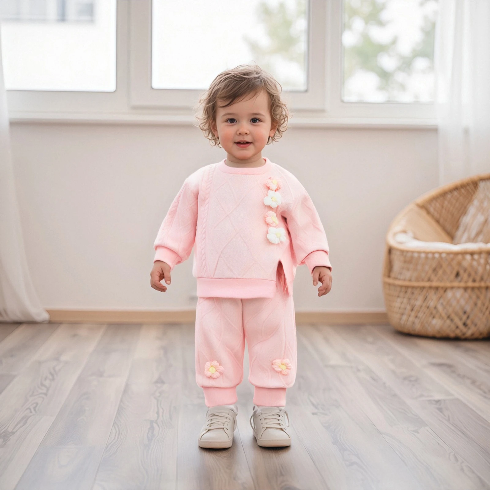 0-5Y طفلة 2 قطعة ملابس الخريف الربيع طويلة الأكمام ثلاثية الأبعاد زهرة سبليت القمم فستان أطفال مع سروال داخلي سويتي الفتيات الملابس مجموعة #1