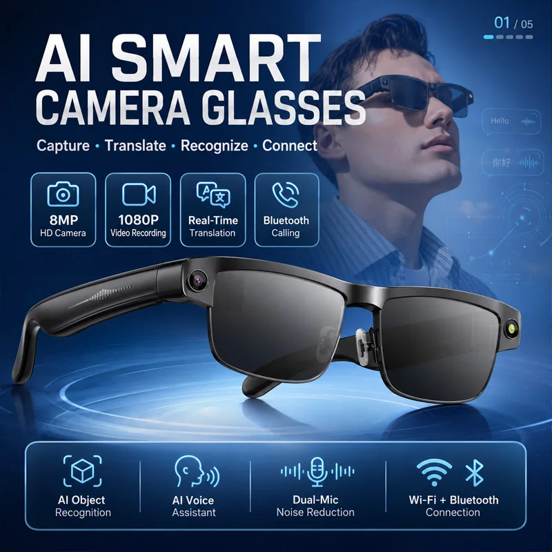 2026 New 800W Camera 1200P Anti-shake HD Video Al Smart Glasses Recording Translation Voice Assistant Music BT Call Smartglasses