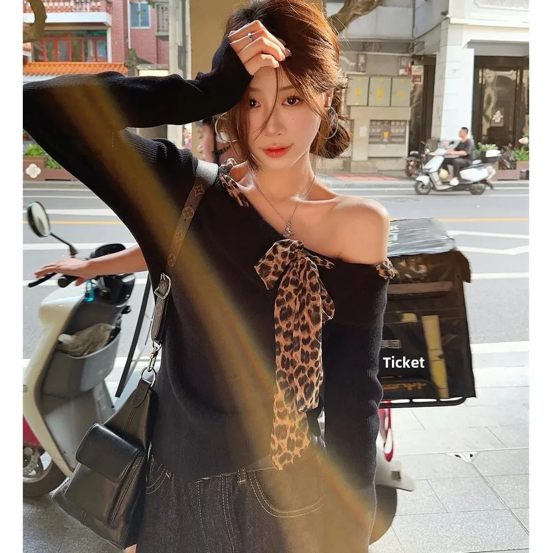 Leopard Print Modal Women's Top Full Sleeve Black Long Sleeve T-Shirt Trendy Early Autumn One-Row Collar Decoration-Free