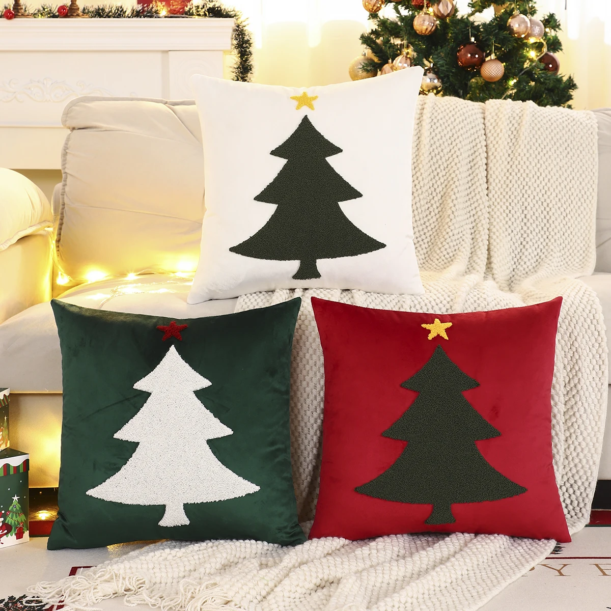 1PC Weihnachtsbaum Dekokissenbezug Samt Stickerei Weihnachtsdekoration Wohnzimmer