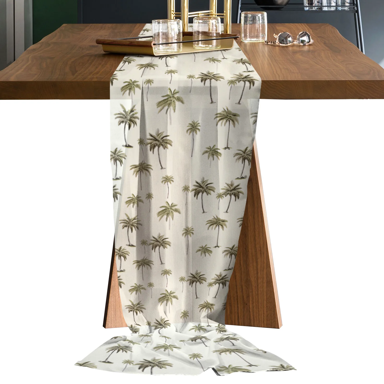 Palm Trees Plant Leaves Tulle Chiffon Table Runner Wedding Decoration Table Runner Christmas Dinner Table Decoration