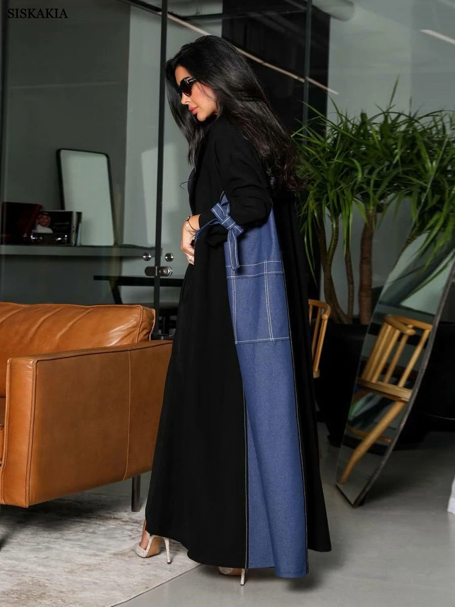 Siskakia Ramadan Denim Patchwork Abaya Fashion Bow Bundled Sleeve Kaftan Elegant Casual Clothing