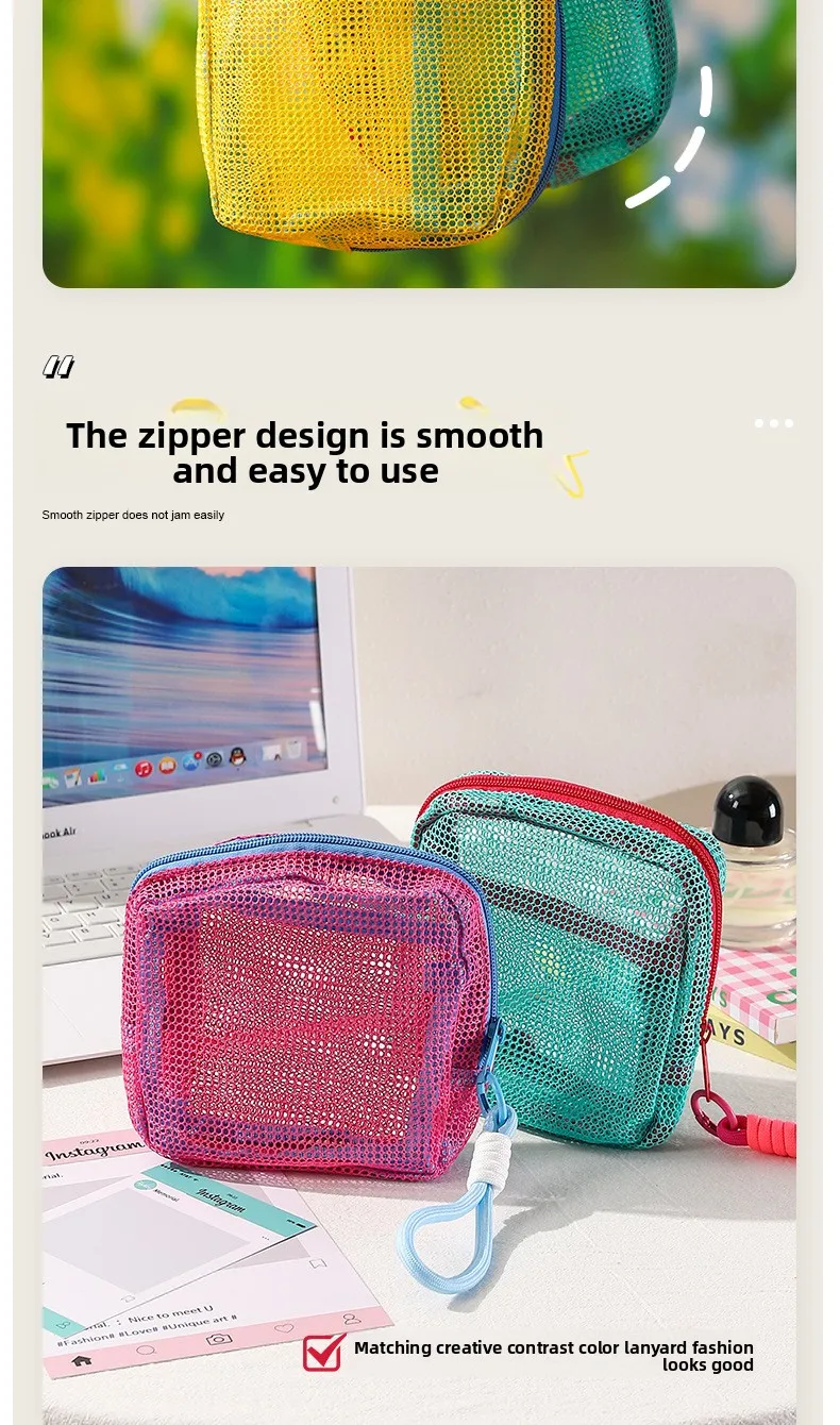 Netzbeutel in Dopamin-Farben, Tragbare Reise-Aufbewahrungstasche für Ladekabel und Toilettenartikel, Mini-Netz-Kosmetiktasche, Schlüsselbeutel, Kartenetui – Detail 11