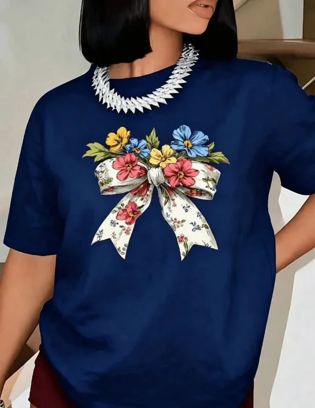 2026 New Fashion Women Crew Neck Short Sleeve T-Shirt Plus Size Oversized Style Bow Decor Print Machine Washable Spring All-match Casual Tops Basic Top T-Shirt