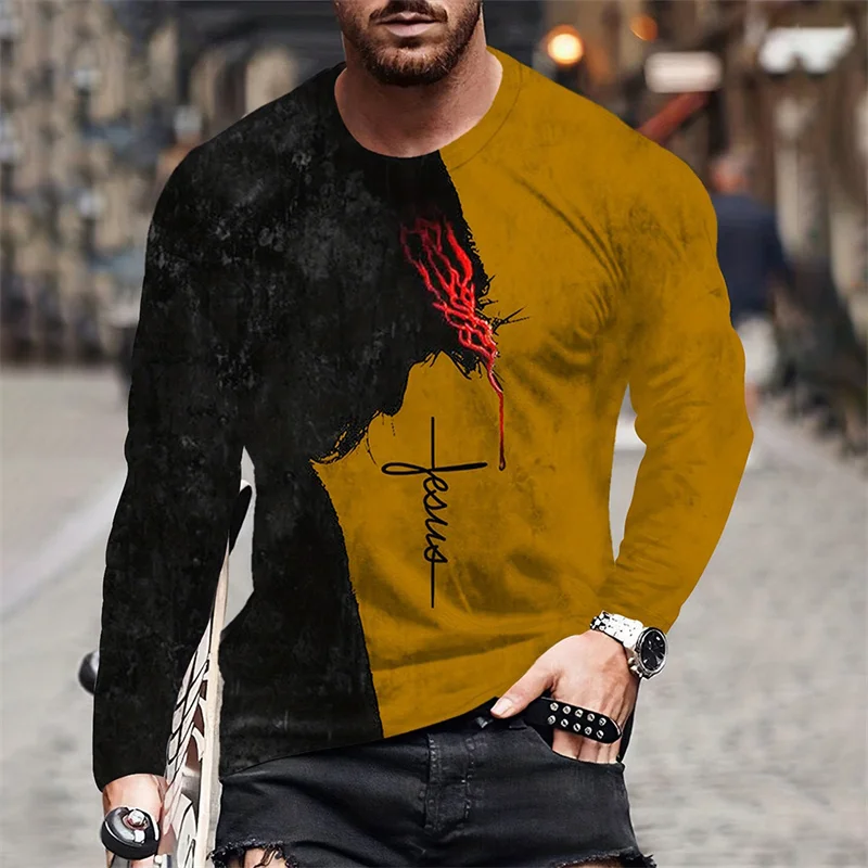 2026 T-shirt da uomo con motivo ad ala incrociata Gesù Cristo 3D stampato autunno/inverno casual manica lunga taglie forti girocollo T-shirt