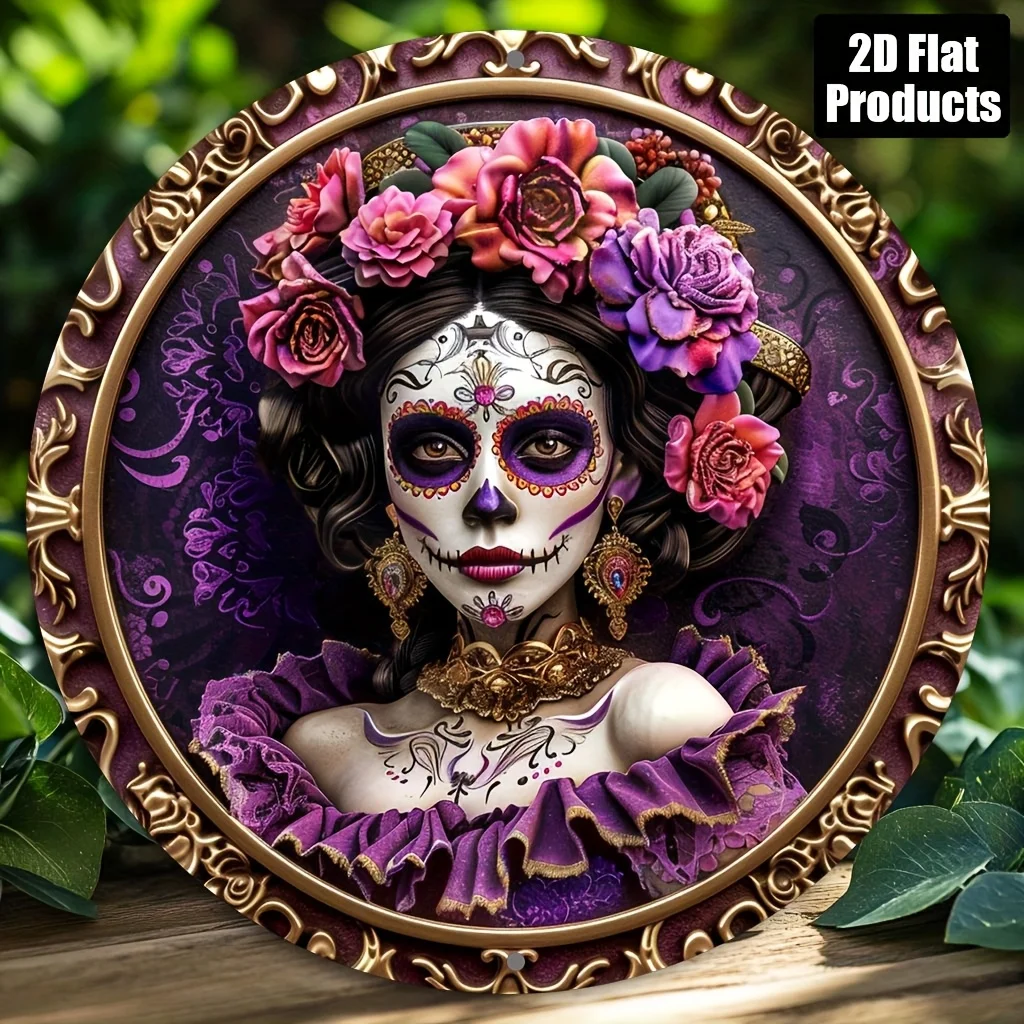 2D Flat – 1 Stück rundes dekoratives Aluminium-Metallschild – 20,3 x 20,3 cm, klassischer Stil, Wandbehang, Geister-Make-up-Thema mit lebendigem Flor