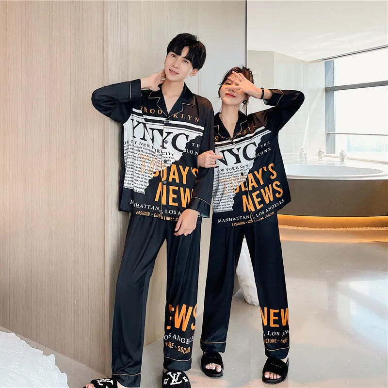 2021 new design autumn ice silk couples pajamas luxury printed men's pajamas lapel women's home wear