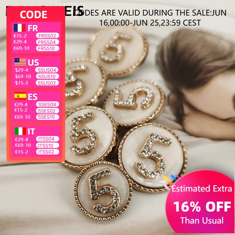 

16-23mm Number 5 Gold Buttons Women Garments Coats Sewing Accessories Metal Buttons For Clothing Diamond Embellishment Material
