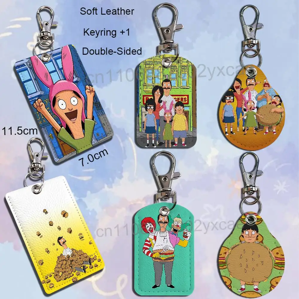 family Louise Belcher Bob's Burgers Rectangle ID Card Case Keychain Access Card Bag Key Tag Ring Leather Card Holder Key Ring