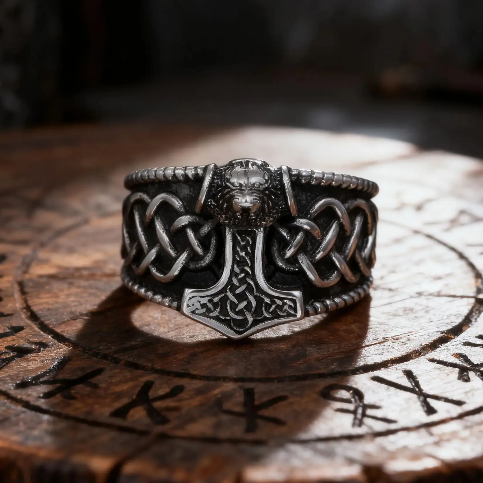 

Retro Viking Thor's Hammer Men's Ring Myth Rune Mjolnir Stainless Steel Band Personalized Decor