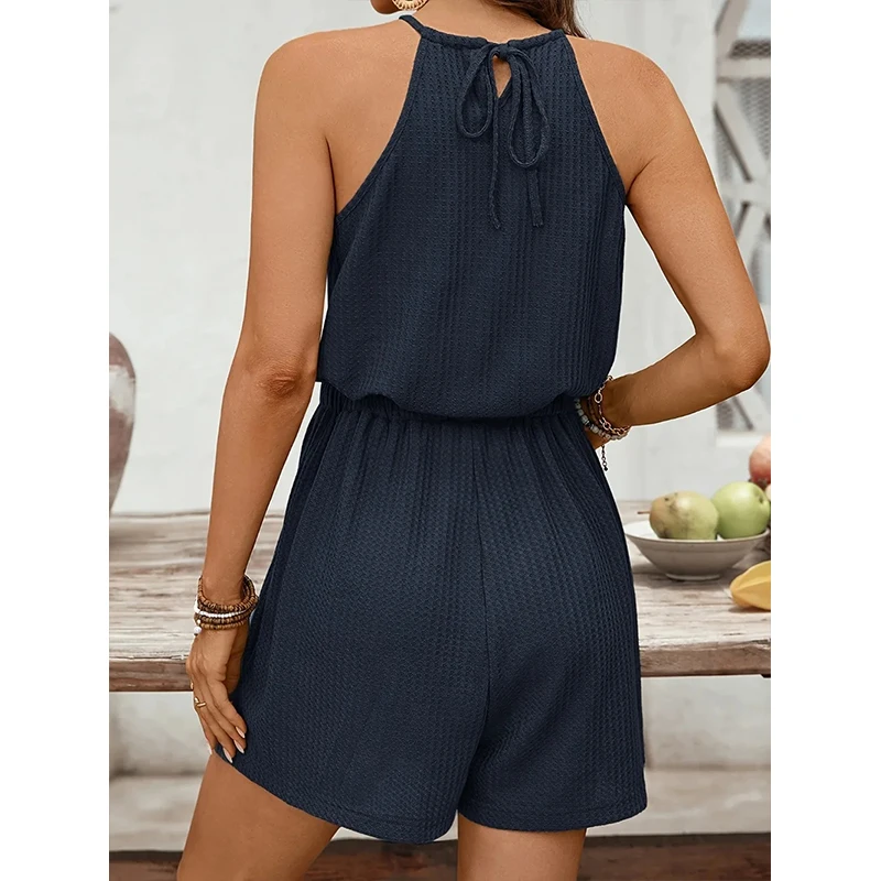 Plus Size Women's Rompers 2 Piece Suit Casual Summer Camisole Short Halter Jumpsuits Solid Color Elastic Waist Outfits No Pocket - Image 3