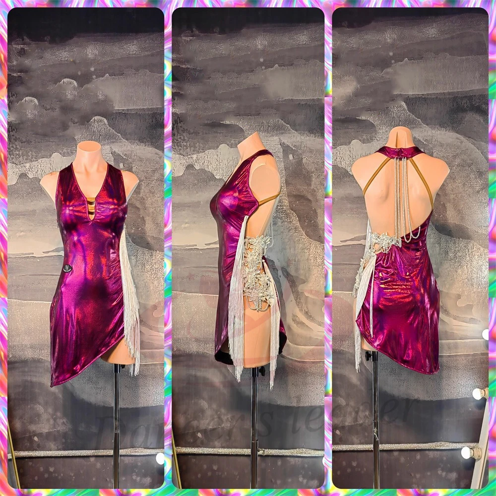 فستان الرقص اللاتيني للأطفال البالغين الراقية مخصص باللون الأحمر الوردي الساخن ختم تشا تشا تانجو ملابس نسائية احترافية #2