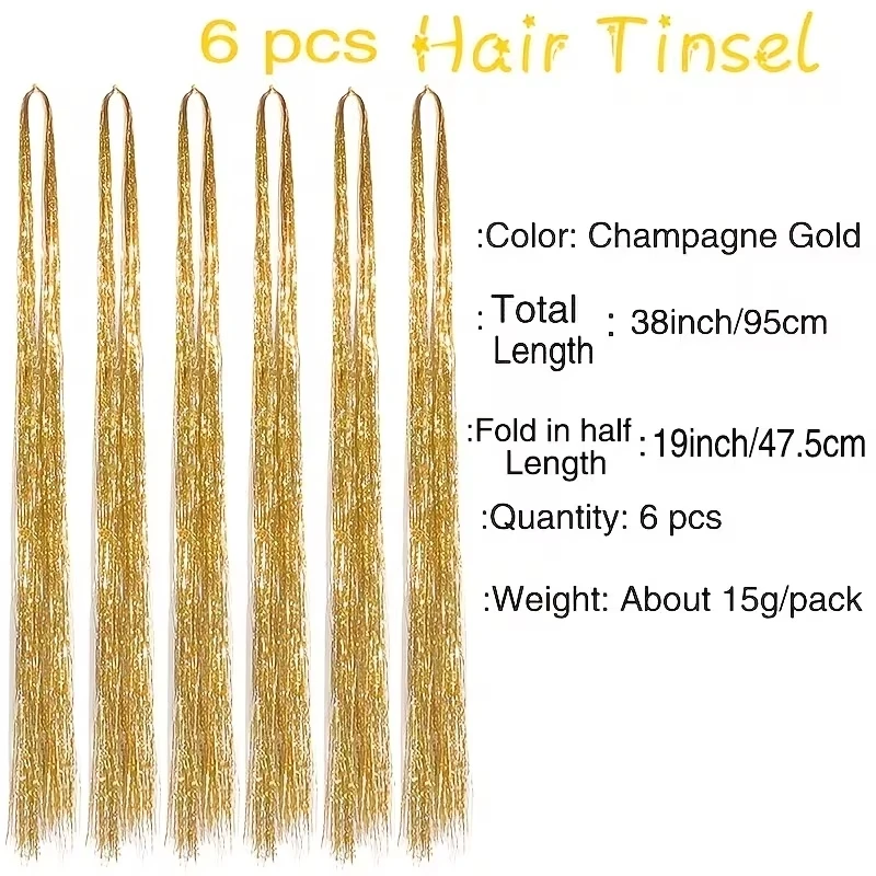 6 Piezas por Set de 38 Pulgadas, Tinsel de Cabello Largo Brillante Arcoíris, Adecuado para Trenzas y Colas de Caballo, Mechones Brillantes 2