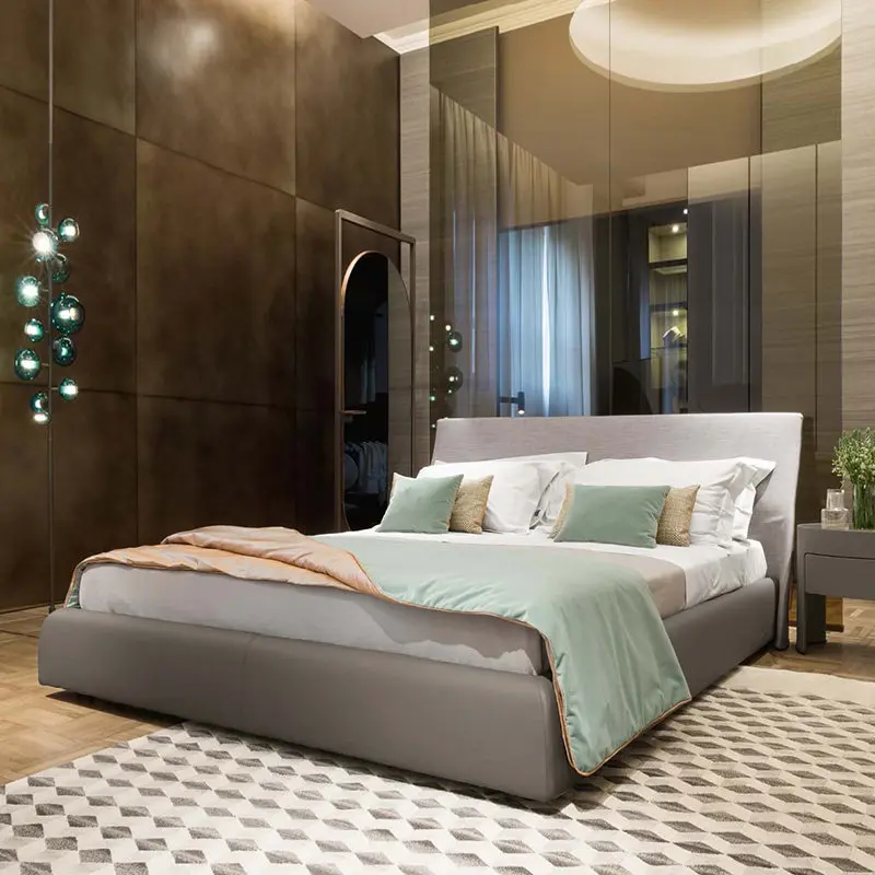 

#% Bed Double King Size 1.8m Leather Wood Frame Italian Minimalist Modern Simple For Master Bedroom Large Flat Designer PC003