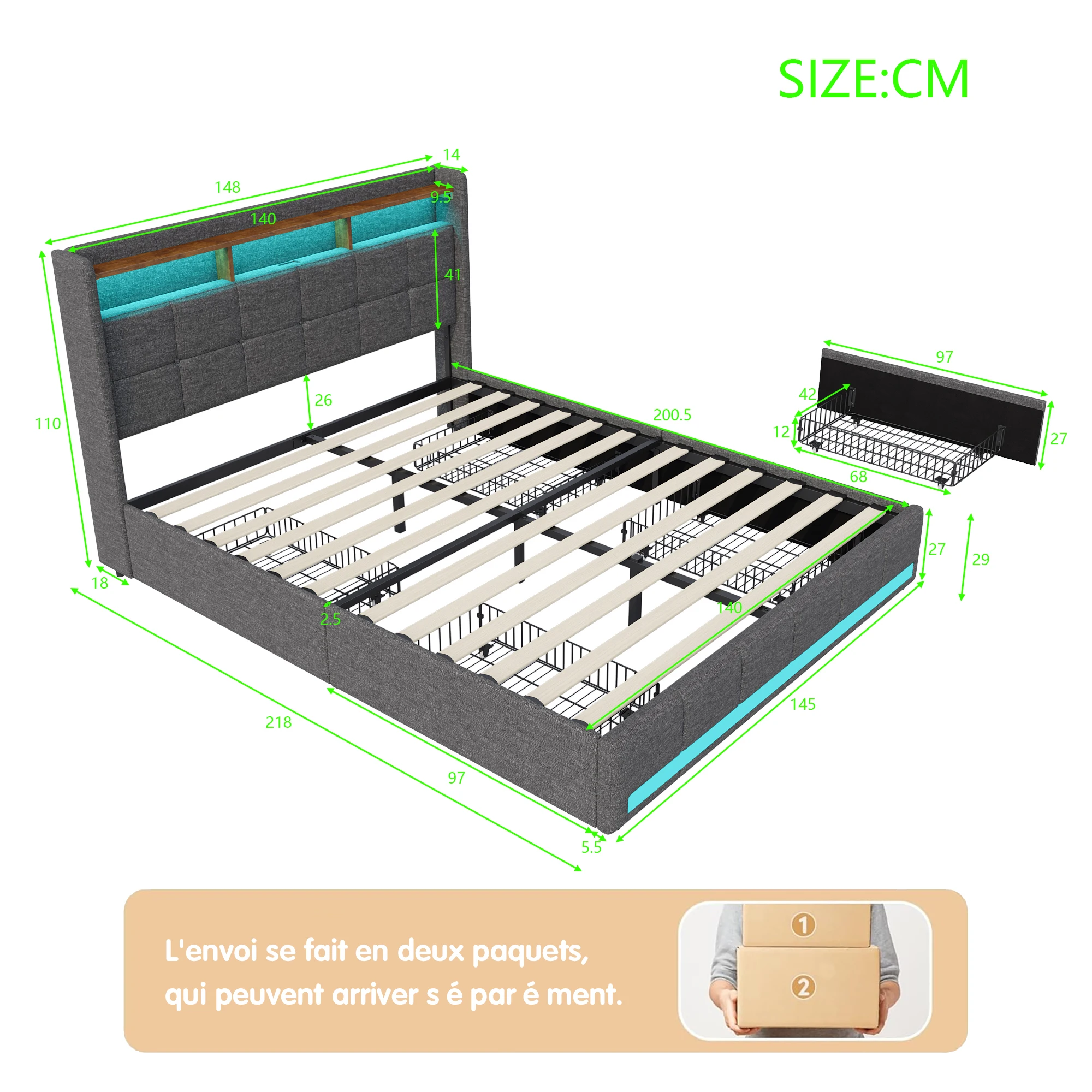 سرير مزدوج مدفوع، 140 × 200 سم، مع 4 أدراج تخزين، إضاءة LED ومنفذ USB، رمادي حديث بسيط، هيكل سرير