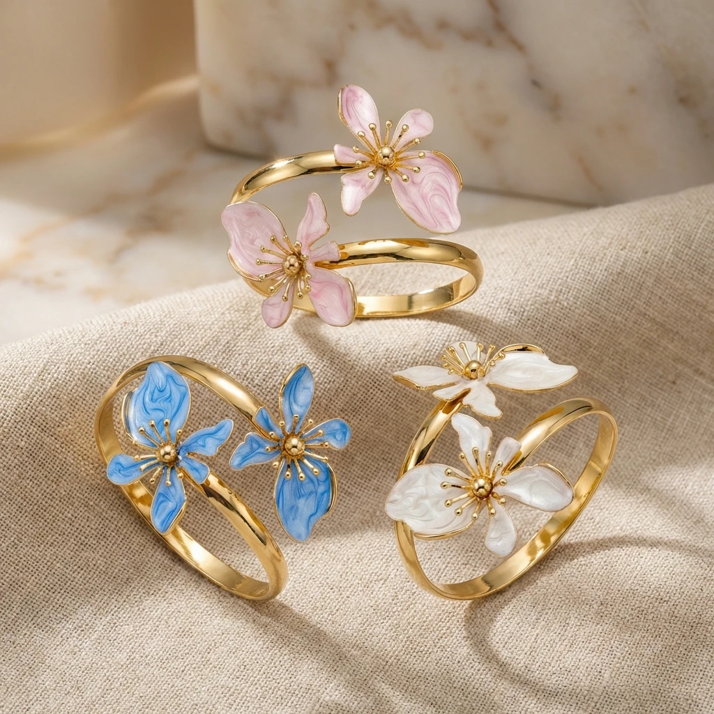 Elegant Enamel Flower Open Cuff Bracelet For Women Gold Plated Metal Pink White Blue Floral Bangles Beach Party Vacation Jewelry image 6