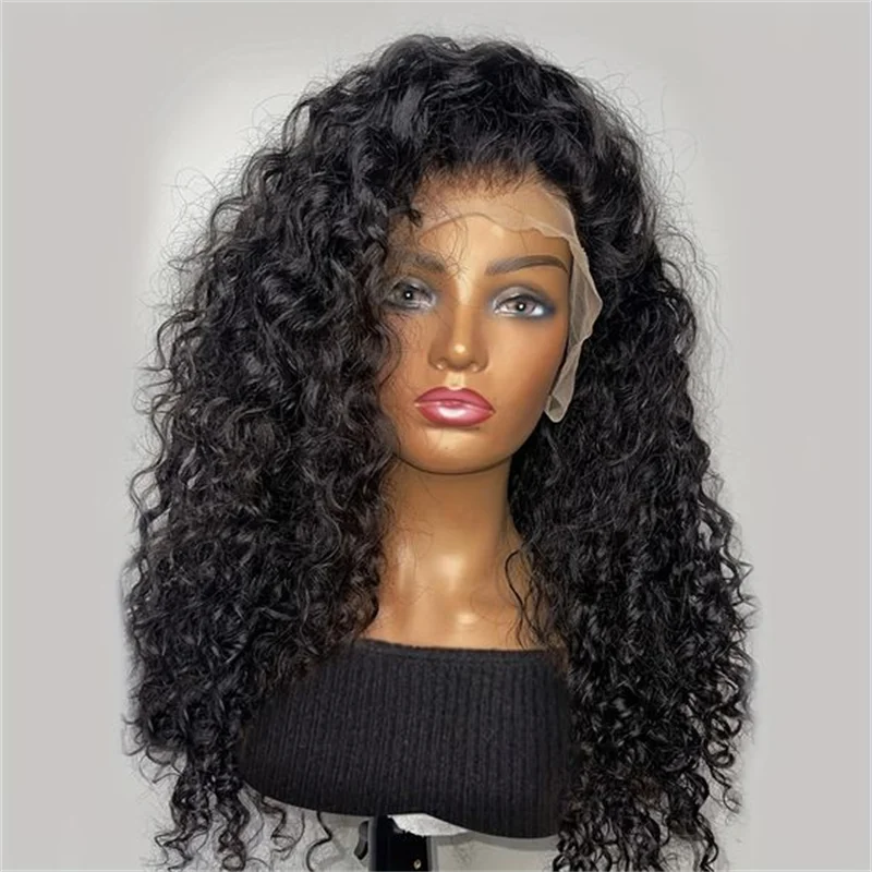 Peluca rizada de encaje frontal para mujer, pelo de bebé largo de 180de densidad, color negro Natural, suave, 26 pulgadas, resistente al calor, predesplumada diaria