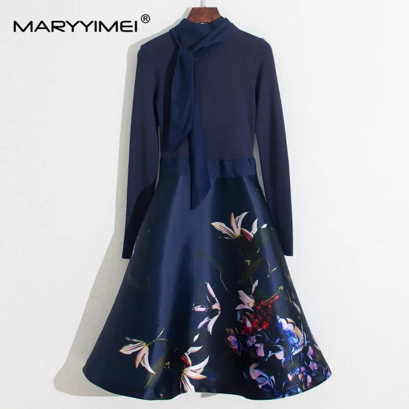 MARYYIMEI Fashion Designer Autumn Women\'s dress Long sleeved Knitting Patchwork Floral-Print Slim Elegant Dresses