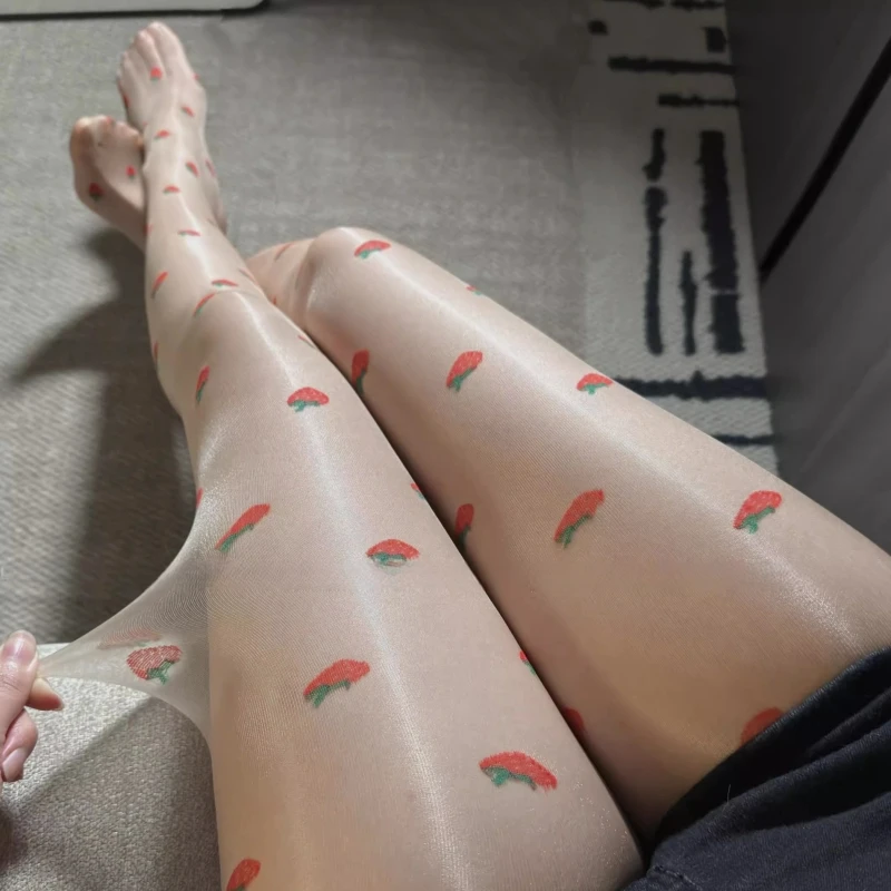 Women Sexy T-shape Open Crotch Tights Oil Glossy Strawberry Print Nylon Pantyhose 5D Transparent Foot Shaped Stockings