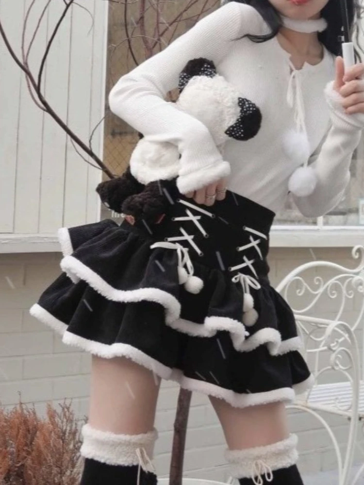جديد الشتاء Y2k اليابانية لوليتا التنانير النساء خمر تصميم أسود أبيض عالية الخصر التنانير الصغيرة Harajuku شيك ضمادة التنانير الحفلات #2