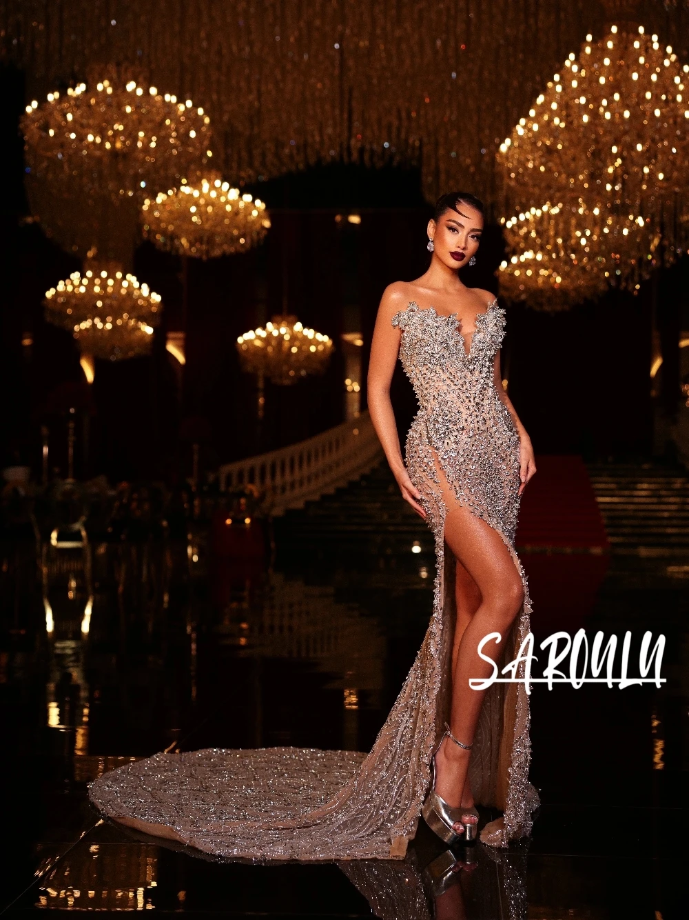 

Shiny Crystals Beaded Mermaid Evening Dress Sexy Deep V Neck High Slit Train Luxury Formal Cocktail Gown For Gala Party