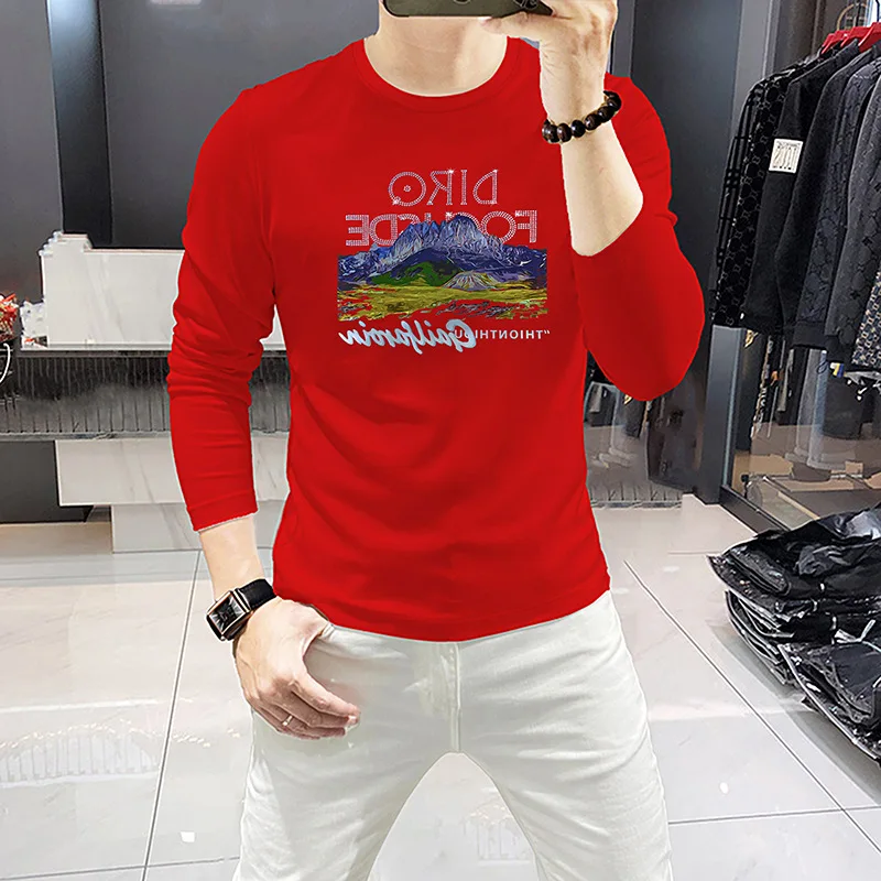Trendy Mens Crew Neck Long Sleeve Tshirt Rhinestone Letter Mountain Graphic Slim Fit Shirts Soft Breathable Undershirt Daily Top