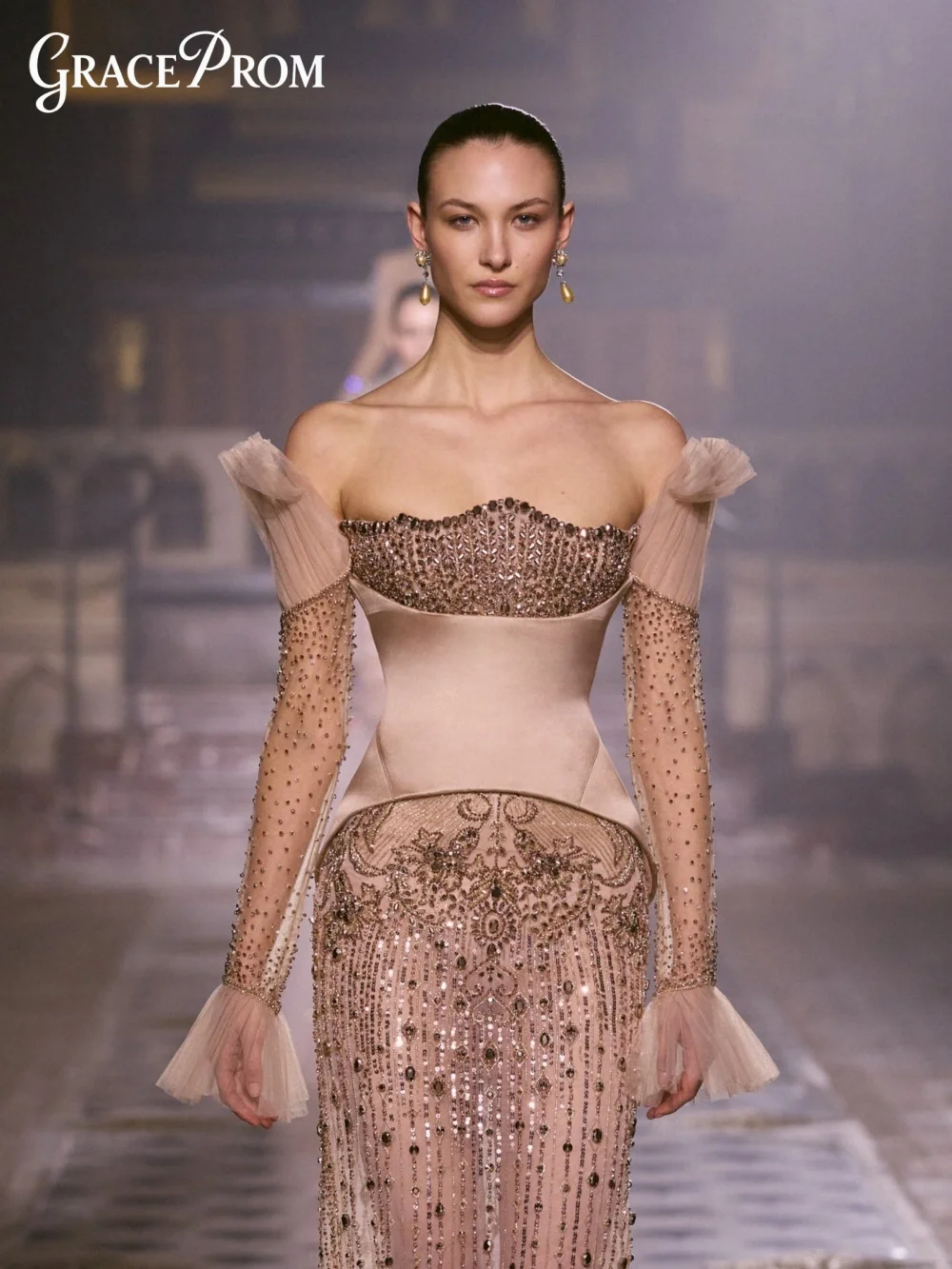 

Luxurious Blush Pink Formal Dress 2026 Elegant Crystal Beading Evening Gown For Wedding Guest Sheer Mesh Party Dress فساتين سهرة
