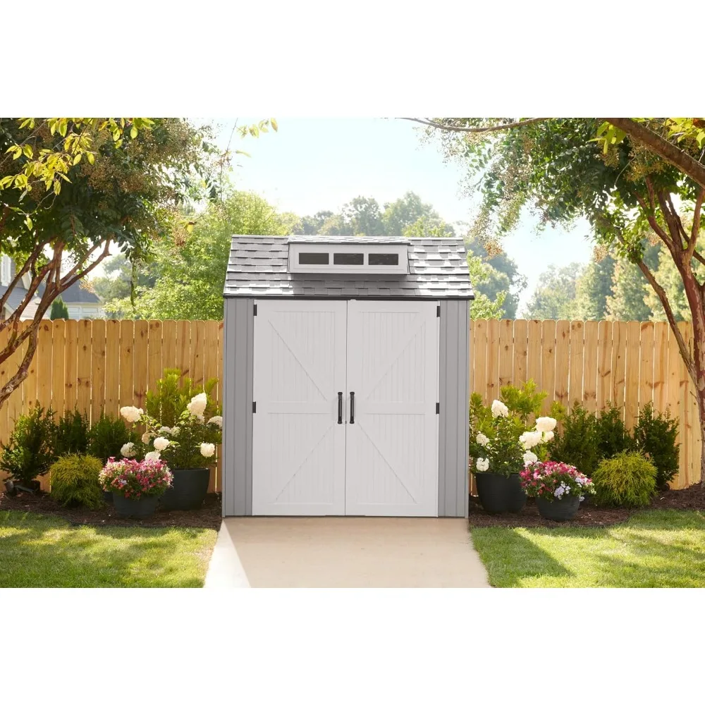 Resin Outdoor Storage Shed With Floor (7 x 7 Ft),Weather Resistant, Gray, Organization for Home/Backyard/Garden Tools/Lawn Mower