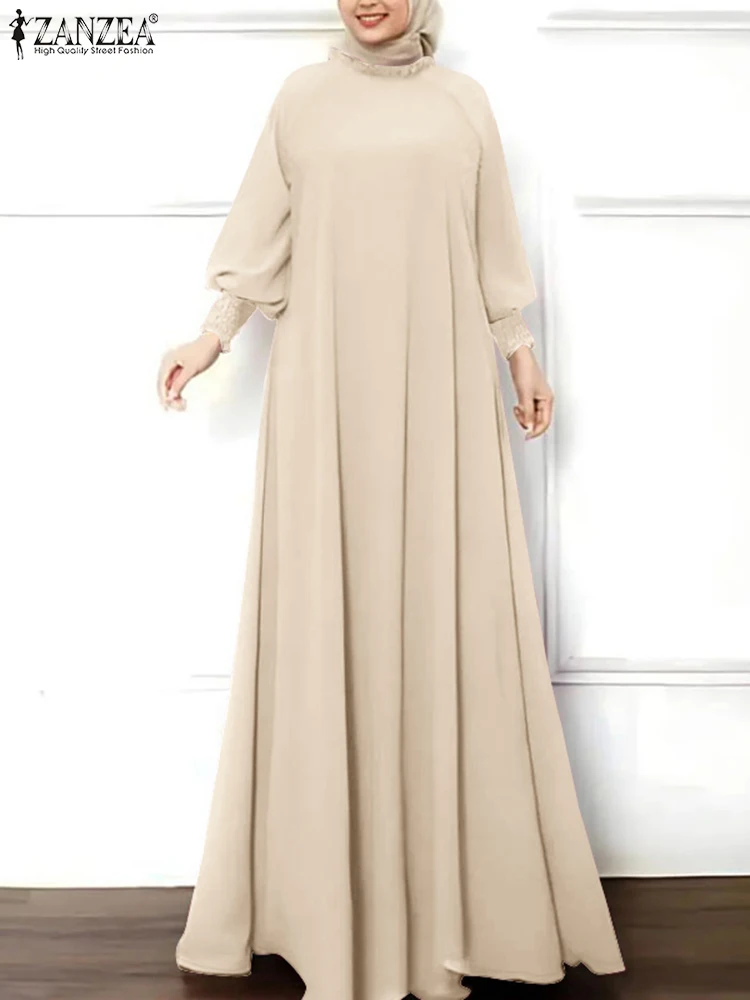 ZANZEA Women Modest Elegant Eid Maxi Dress Shirring Cuff Long Sleeve Ruffled O Neck Vestidos Muslim Islamic Hijab Abaya Robes