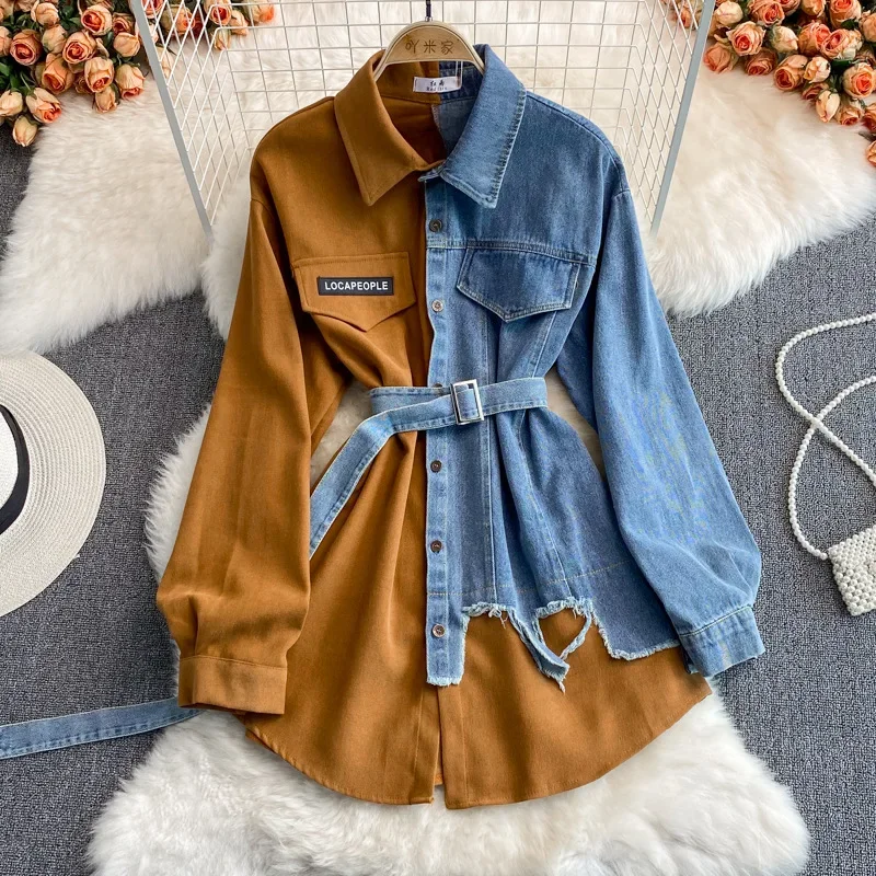 Retro Denim Shirt Dress Women Spring Stitching Corduroy Lapel Autumn Waist Slim Irregular Long Belt Chic Casual Mid-length Tops