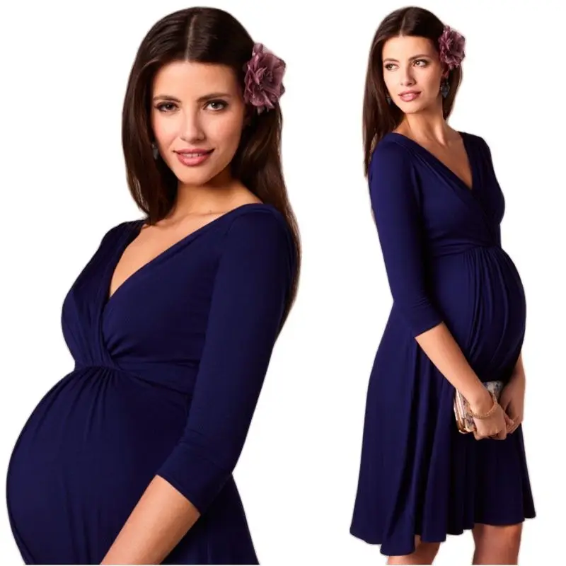 

Dresses For Women Pregnant Dresses Maternity V-neck Three Quarter Sleeve Pleated Beautiful Clothes Pregnancy Party Evening Dress