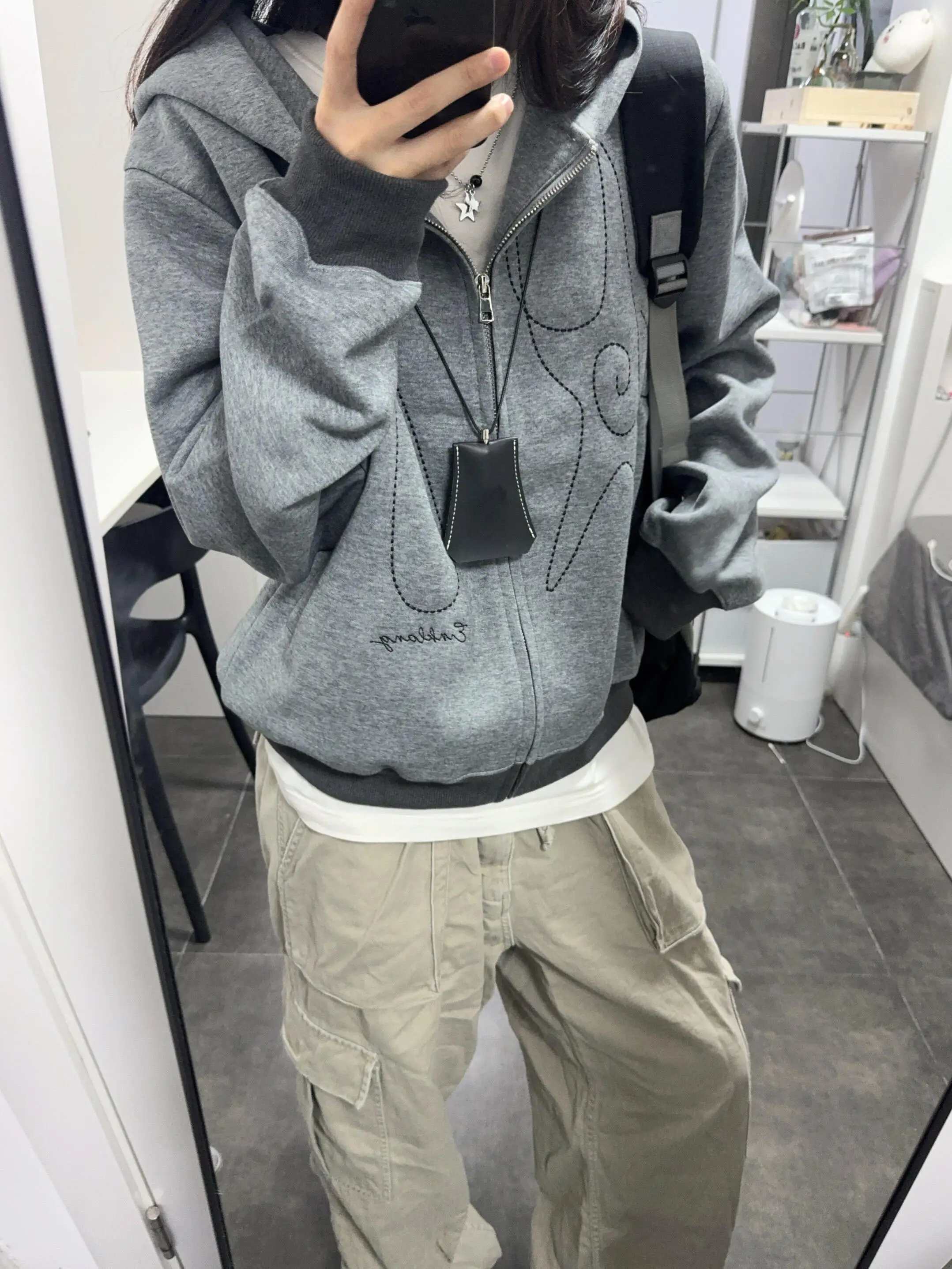 

Retro American Design Waterdrop aped Embroidery Sweet College Sle Loose Hooded Open Cardigan Sweatirt Women's Ins