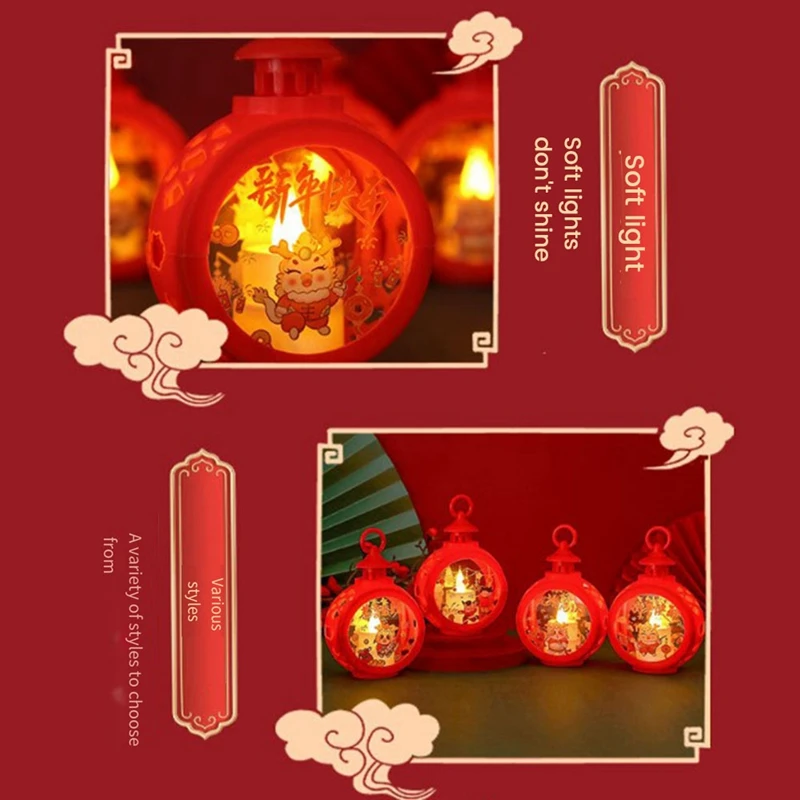 فوانيس قمرية صينية للعام الجديد ، فانوس رياح مستدير مضاء بإضاءة ليد ، مصباح يدوي لمهرجان التنين ، فانوس