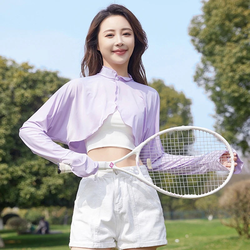 Rimocy Summer Sun Protection Thin Cardigan Women All Match Ice Silk Long Sleeve Crop Tops Woman 2024 Cycling Run Sunscreen Shirt