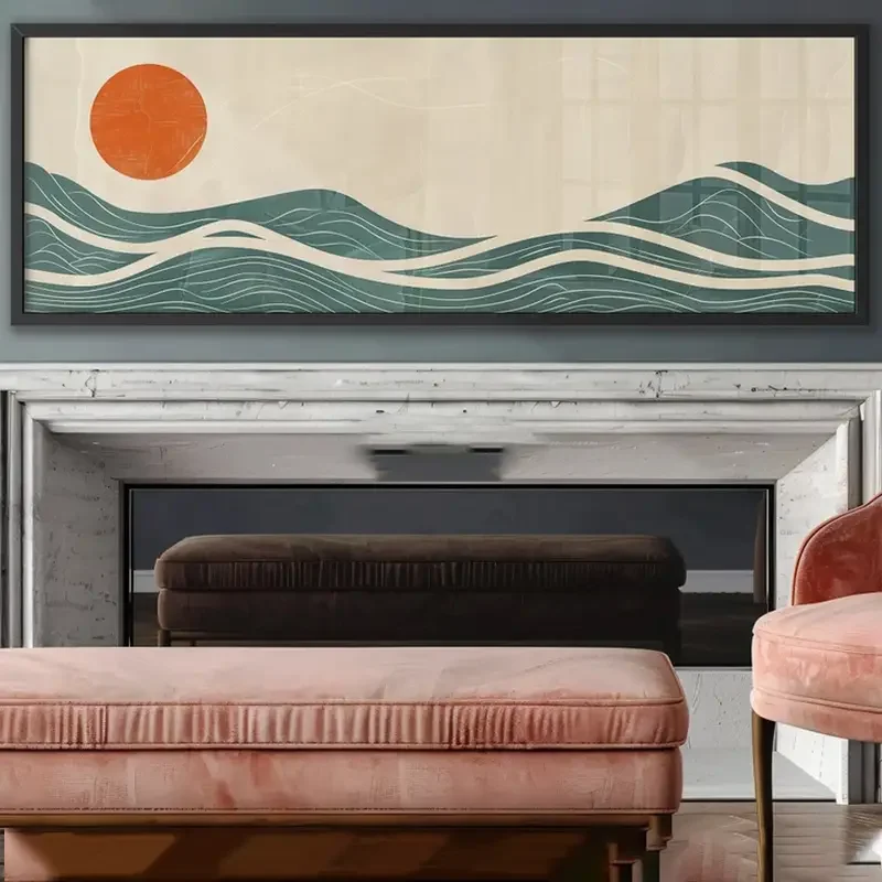 1pc Minimalist Sunset Canvas Art Print - Long Horizontal Ocean and Sun Design, Blue and Orange Waves, Frameless, Ideal for Beach