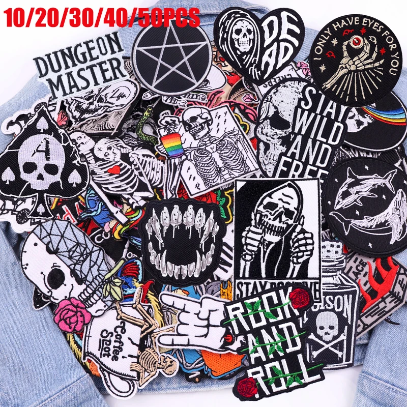 10/20/30/40/50PCS Random Patch Black And White Series Punk Skull Embroidered Patches Iron On Patches For Clothing Jeans Sew DIY