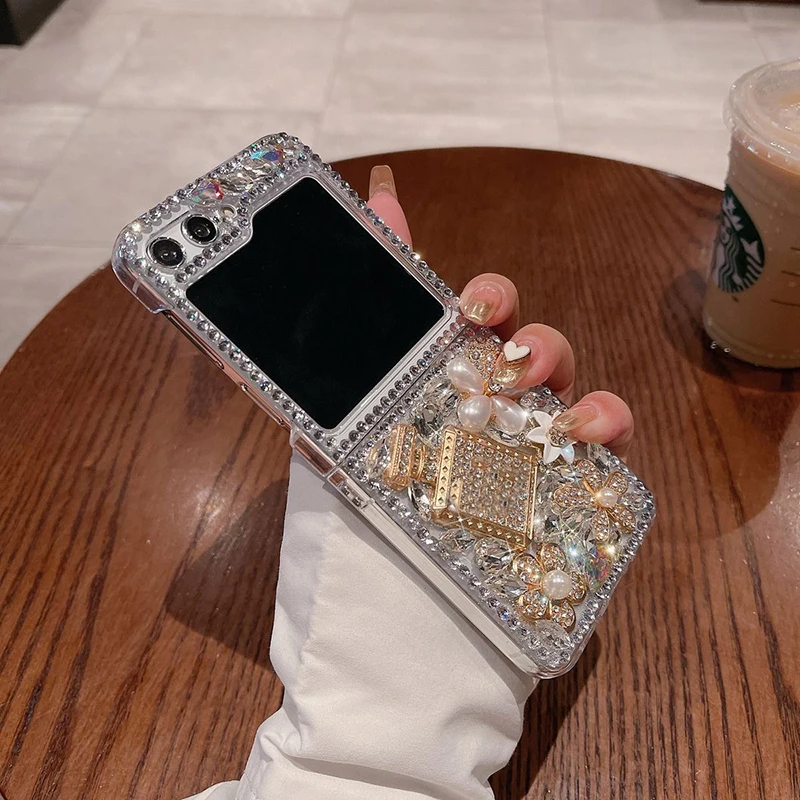 Luxury Bling Rhinestone Perfume Bottle Phone Case For Samsung Galaxy Z Flip 5 4 3 Glitter Crystal Pearl Flowers Clear PC Case