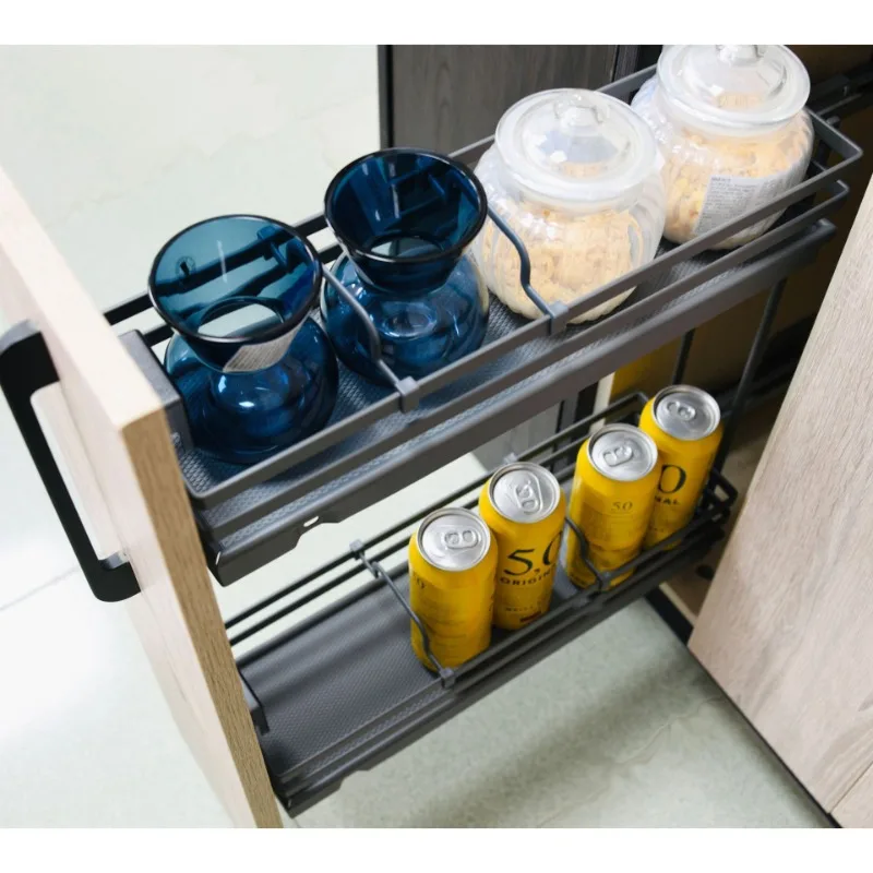 Narrow cabinet matching function pull basket, plate type double-layer simple pull basket side/bottom damping guide rail