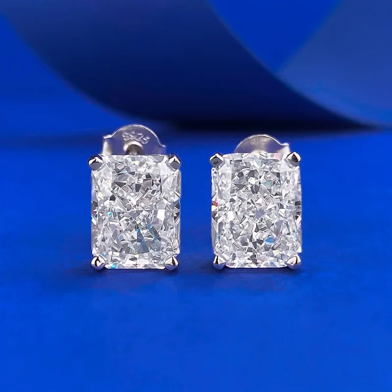 Radiant Cut Carbon Diamond Stud Earring 100% Real 925 Sterling Silver Engagement Wedding Earrings for Women Party Jewelry