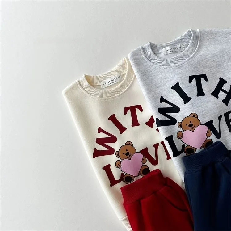 2025 Spring New Children Long Sleeve Cute Cartoon Sweatshirt + Sweat Pants 2pcs Suit Cotton Boys Girls Loose Casual Sports Set