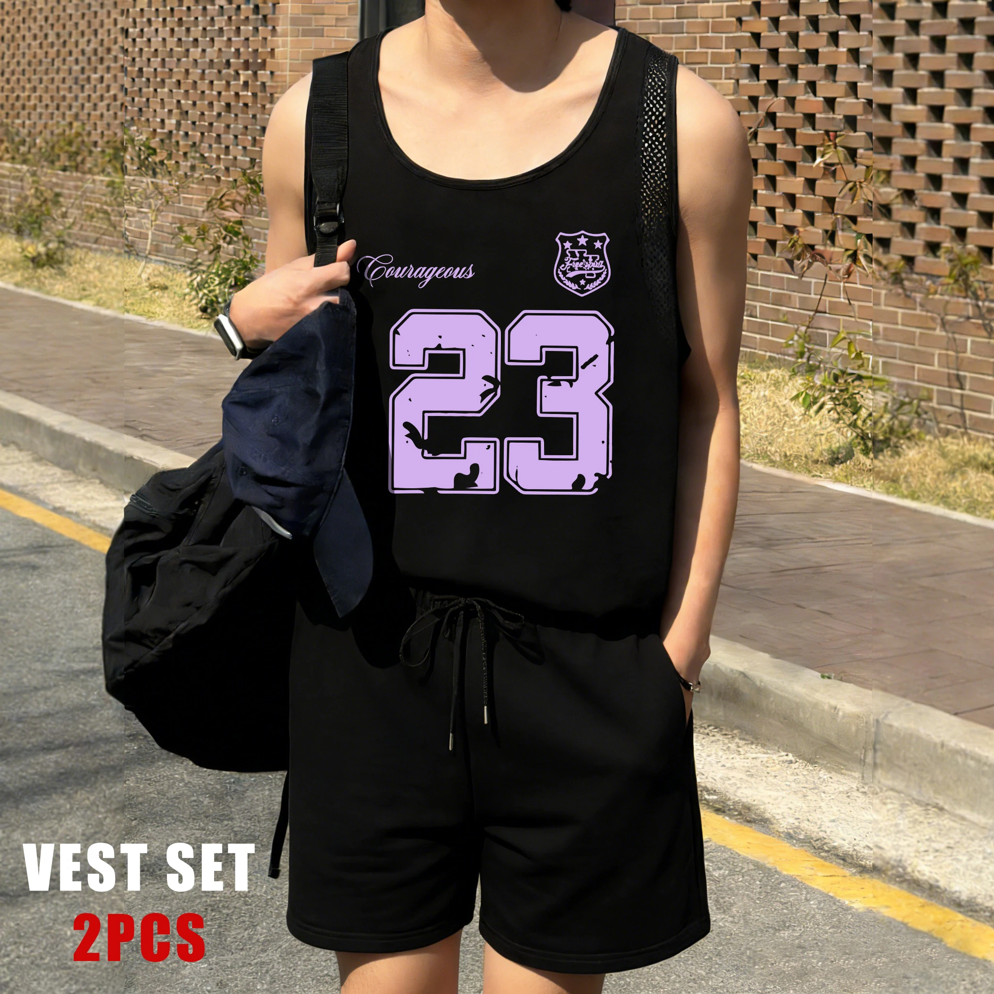 

Vintage Style Number 23 Men Reticular Vest Suit Summer Fashion Shorts O-Neck Sport Vests Unisex Vacation Clothing