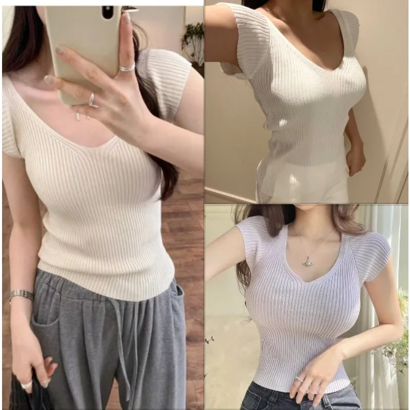

Sexy T-shirt Women Casual V-neck Short Sleeve Slim Knitted Top Tee
