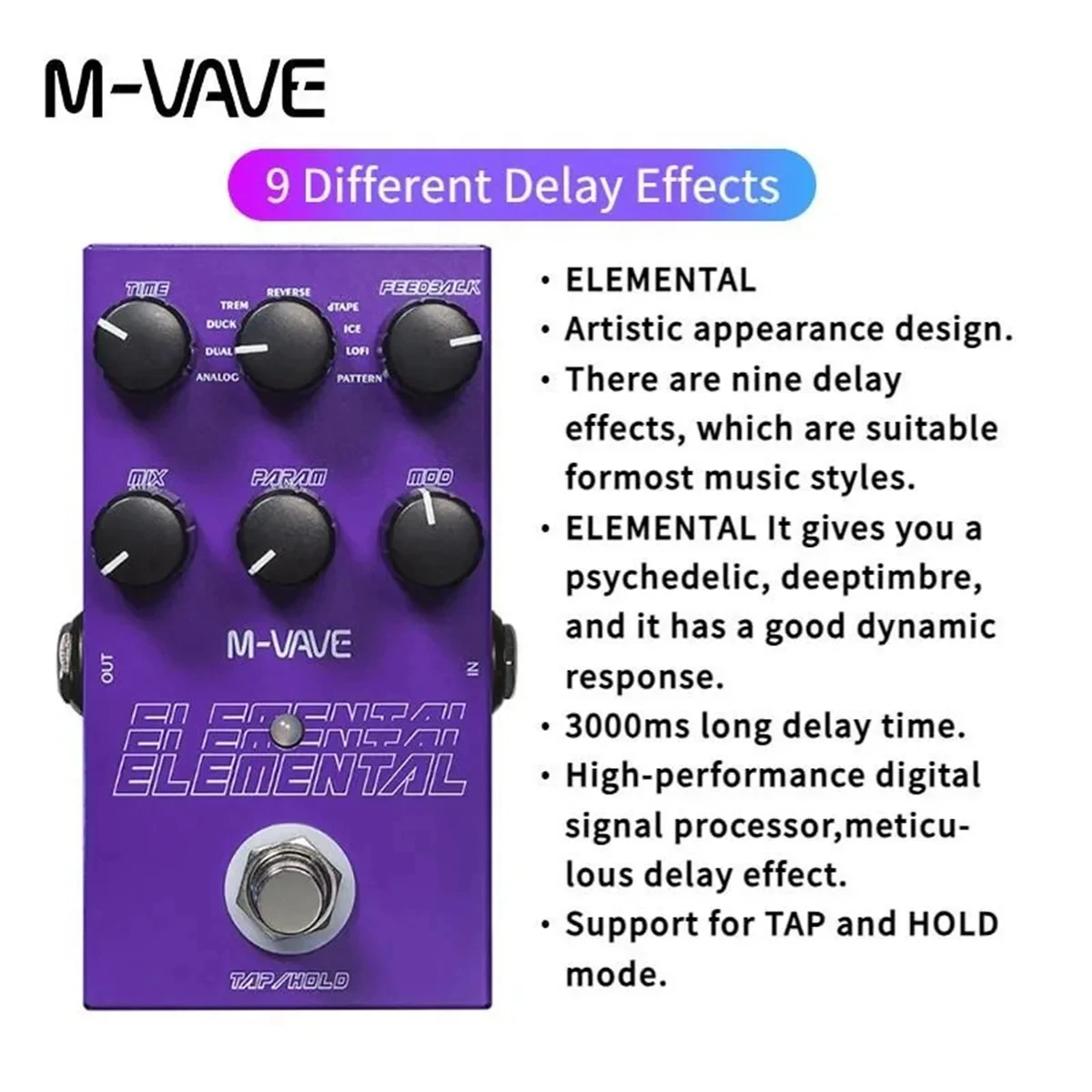 M-vave Elemental Digital Delay Pedal, Delay Guitar Pedal, 9 Different Delay Effects Support for TAP and HOLD Mode